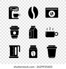 Set Coffee machine, beans, Bag coffee, Electric kettle, cup to go,  and  icon. Vector