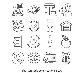 Set of Coffee machine, Beer glass and Sign out icons. Parking garage, Sale and Best rank signs. Teamwork results, Keywords and Beer symbols. Cappuccino machine, Brewery beverage, Logout. Vector