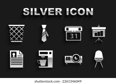 Set Coffee machine, Chalkboard with diagram, Office chair, Movie, film, media projector, Resume, Calendar, Trash can and Tie icon. Vector