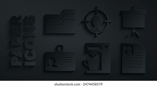 Set Coffee machine, Chalkboard with diagram, Identification badge, Resume, Head hunting concept and Document folder icon. Vector