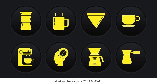 Set Coffee machine, cup, Barista, Pour over coffee maker, paper filter, turk and  icon. Vector