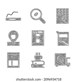 Set Coffee machine, cup and book, street truck, Paper package for milk, Bag coffee beans, Location with, Chocolate bar and Cigarette icon. Vector