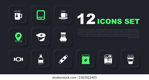 Set Coffee machine, cup to go, Pour over coffee maker, Bag beans, Location with, Milk bottle, Electronic scales and Sugar stick packets icon. Vector