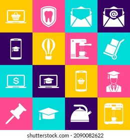 Set Coffee machine and cup, Graduate with graduation cap, Hand truck boxes, Mail e-mail, Hot air balloon and Graduation mobile icon. Vector