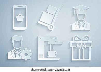 Set Coffee machine and cup, Graduate with graduation cap, Profile settings, Gift box, Hand truck boxes and Shopping basket mobile icon. Vector