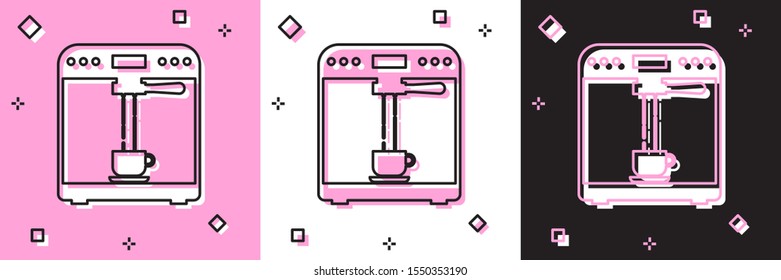 Set Coffee machine and coffee cup icon isolated on pink and white, black background.  Vector Illustration