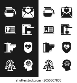 Set Coffee machine and cup, Laptop with dental card, pot, Envelope Valentine heart, Camera film roll cartridge and Shield rate icon. Vector