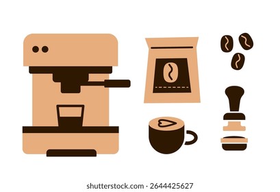 Set of coffee machine, cup with latte art, coffee beans, bag of ground coffee, and tamper in flat style.
