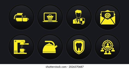 Set Coffee machine and cup, Mail e-mail, Kettle with handle, Dental protection, User and Shopping basket laptop icon. Vector