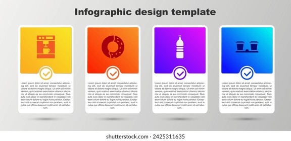 Set Coffee machine, Donut with sweet glaze, Bottle water and cup to go. Business infographic template. Vector
