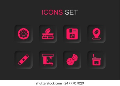 Set Coffee machine, Electronic coffee scales, Donut, Cookie or biscuit, Location with bean, Manual grinder, Bag beans and Sugar stick packets icon. Vector