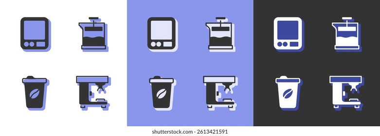 Set Coffee machine, Electronic coffee scales, cup to go and French press icon. Vector