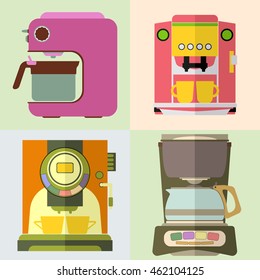 Set of coffee machine. Espresso making machine brewing two cups of coffee. Vector illustration.