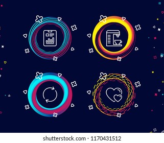 Set of Coffee machine, Full rotation and Report document icons. Hearts sign. Cappuccino machine, Refresh or reload, Page with charts. Romantic relationships.  Circle banners with line icons. Vector