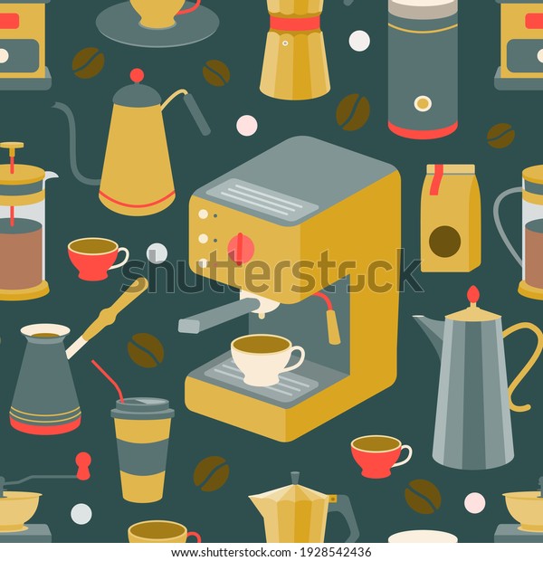 Set of\
coffee machine, geyser coffee maker, coffee pot, French press,\
coffee beans, cups. Vector seamless\
pattern.