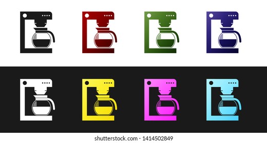 Set Coffee machine with glass pot icon isolated on black and white background. Vector Illustration