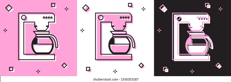 Set Coffee machine with glass pot icon isolated on pink and white, black background.  Vector Illustration