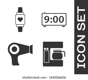 Set Coffee machine with glass pot , Smart watch showing heart beat rate , Hair dryer  and Digital alarm clock  icon. Vector
