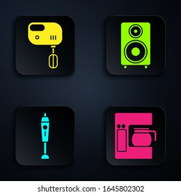 Set Coffee machine with glass pot , Electric mixer , Blender  and Stereo speaker . Black square button. Vector