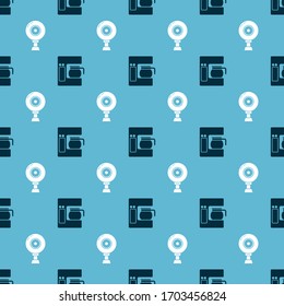Set Coffee machine with glass pot  and Web camera  on seamless pattern. Vector