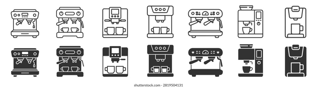 set of coffee machine icons in line and solid style vector illustration on transparent background