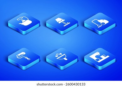 Set Coffee machine, Kettle with handle, Washbasin, Paint roller brush, Table lamp and Vacuum cleaner icon. Vector