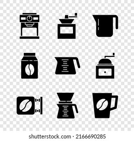 Set Coffee machine, Manual coffee grinder, pot, Street signboard, Pour over maker, cup, Bag beans and  icon. Vector