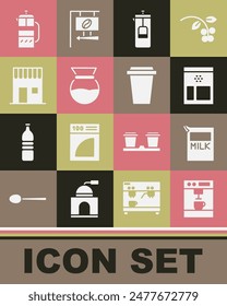 Set Coffee machine, Paper package for milk, Bag coffee beans, French press, Pour over maker, shop,  and cup to go icon. Vector
