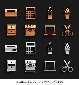 Set Máquina de café, maceta, tijeras, ordenador portátil, cajón con documentos, pluma estilográfica, tarjeta de visita e icono de la calculadora. Vector