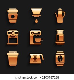 Set Coffee machine, pot, Bag coffee beans, Aeropress, cup to go, Teapot and  icon. Vector