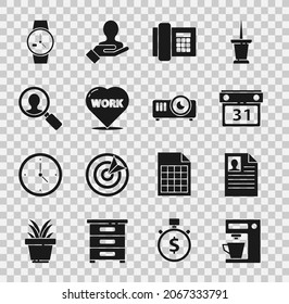 Set Coffee machine, Resume, Calendar, Telephone, Heart with text work, Magnifying glass for search people, Wrist watch and Movie, film, media projector icon. Vector