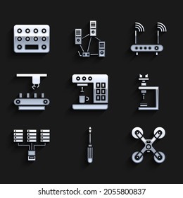 Set Coffee machine, Screwdriver, Drone flying, Microscope, Server, Data, Web Hosting, Factory conveyor system belt, Router and wi-fi signal and Pills blister pack icon. Vector