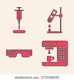 Set Coffee machine, Syringe, Test tube flask on fire and Smart glasses icon. Vector