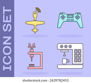Set Coffee machine, UAV Drone, Microscope and Gamepad icon. Vector