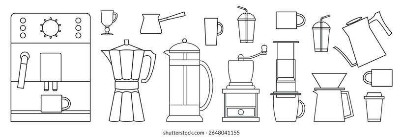 Set of coffee machines and cups on white background. Design for textiles, posters, labels. Black and white. Line vector illustration.