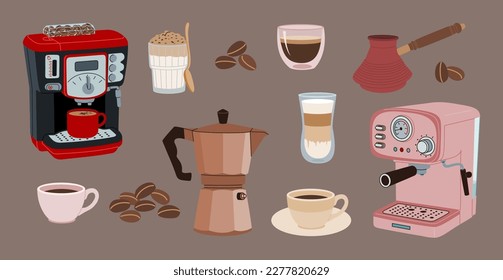 Equipo de cafetera, molino de café, cezve y diferentes bebidas para el café. Ilustración vectorial dibujada a mano aislada en fondo marrón, estilo plano moderno.