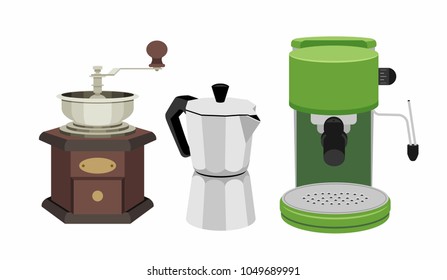 set of coffee machines isolated on white background