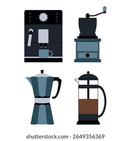 Conjunto de máquinas de café sobre fundo branco. Ilustração de vetor plano. Desenho para têxteis, cartazes, etiquetas.