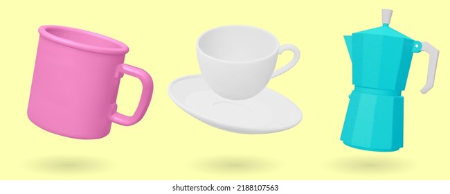 Set of coffee maker, camping mug and cup isolated on blue background. 3D render Vector illustration.