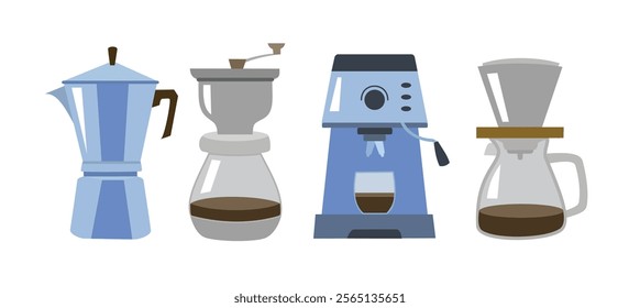 Set of coffee maker. Collection of coffee shop equipment. Cafe house equipment. Coffee machine. Modern coffee maker.