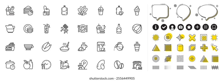 Set of Coffee maker, Food time and Food delivery line icons for web app. Design elements, Social media icons. Ice cream, Grill basket, Coffee break icons. Cake, Takeaway, Whiskey bottle signs. Vector