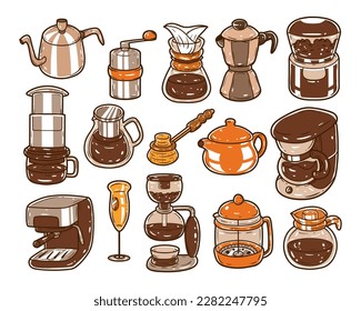 Set of coffee maker hand-drawn illustration. coffee maker illustration for coffee shop and cafe. Espresso machine, coffee grinder, pour over kettle, aero press, milk frother, french press.