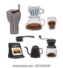 A set of coffee maker illustration flat and doodle line style