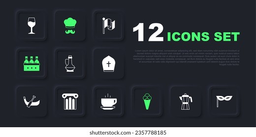 Set Coffee maker moca pot, Carnival mask, Bottle olive oil, Ice cream in waffle, Bottles wine, Ancient column, Italian cook and cup icon. Vector