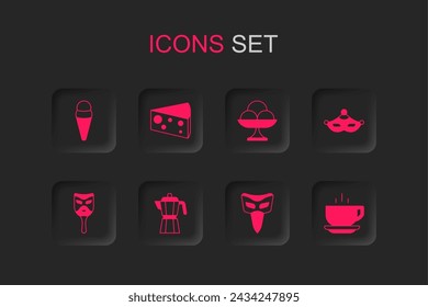 Set Coffee maker moca pot, Cheese, Ice cream in waffle, Carnival mask, cup, the bowl and  icon. Vector