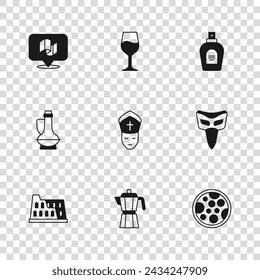 Set Coffee maker moca pot, Carnival mask, Pizza, Pope, Perfume, Flag Italy, Wine glass and Bottle olive oil icon. Vector