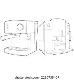 Set of Coffee maker outline drawing vector, Coffee maker drawn in a sketch style, black line Coffee maker practice template outline, vector Illustration.
