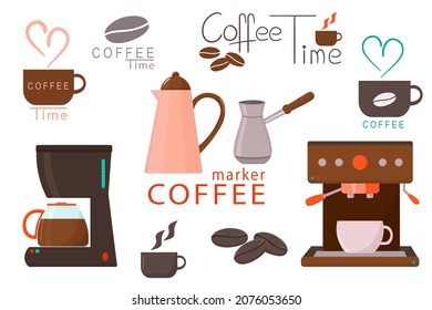 Set coffee maker vector illustration isolated on white. Lettering coffee time, cup, turka, ibrik. For label and poster