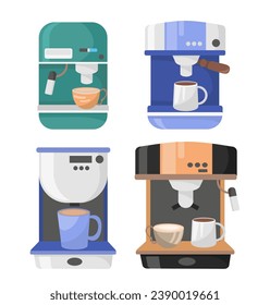 Set of coffee makers. Apparatus for making espresso, latte and americano. Hot drinks preparation. Equipment for coffee shop, cafe. Cartoon flat vector collection isolated on white background