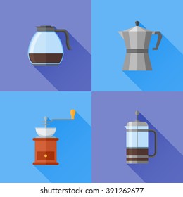 Set of coffee makers flat style icons. French press, coffee pot and grinder. Vector illustration.